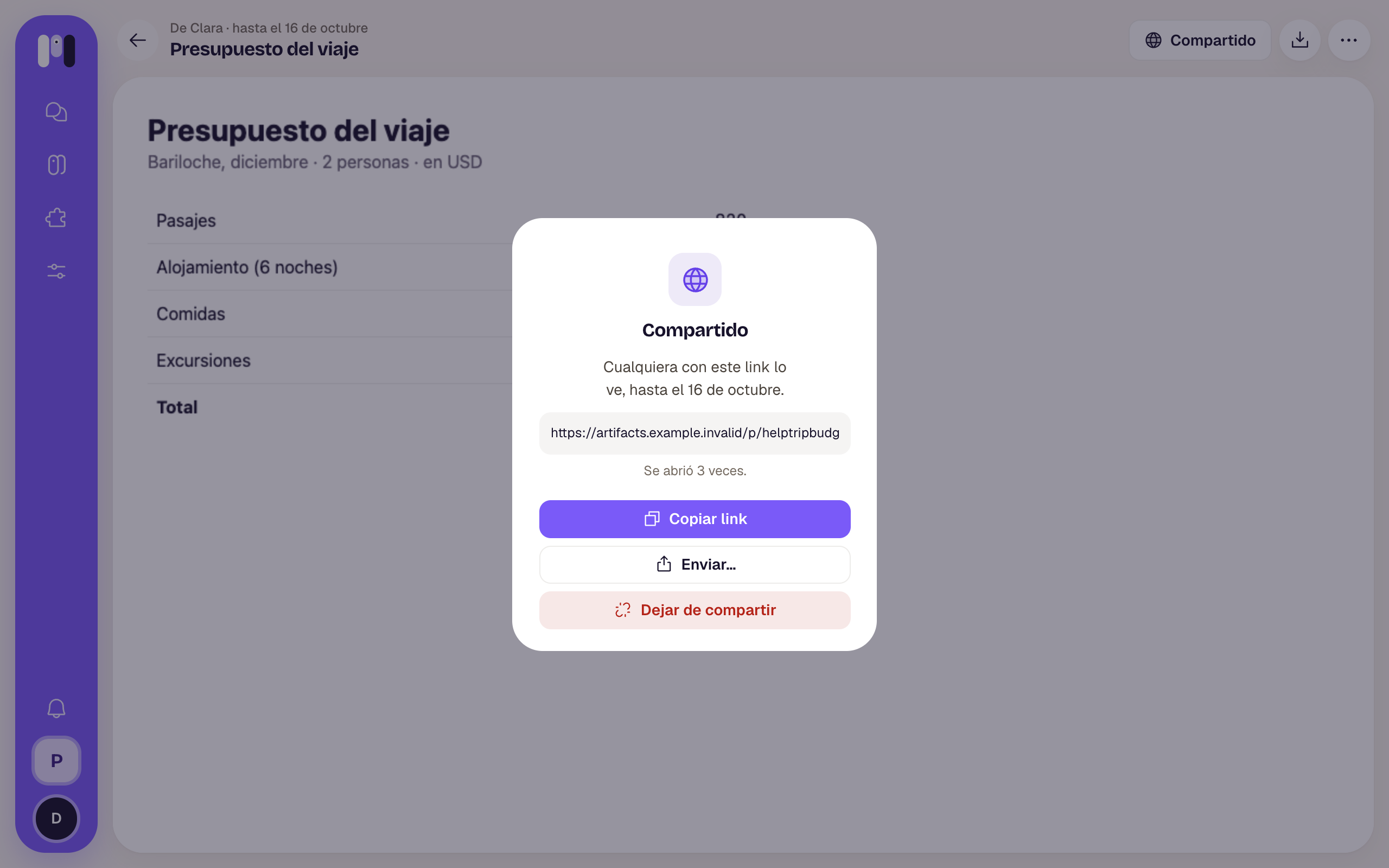 Hoja Compartido con el link público, Se abrió 3 veces, Copiar link, Enviar y Dejar de compartir