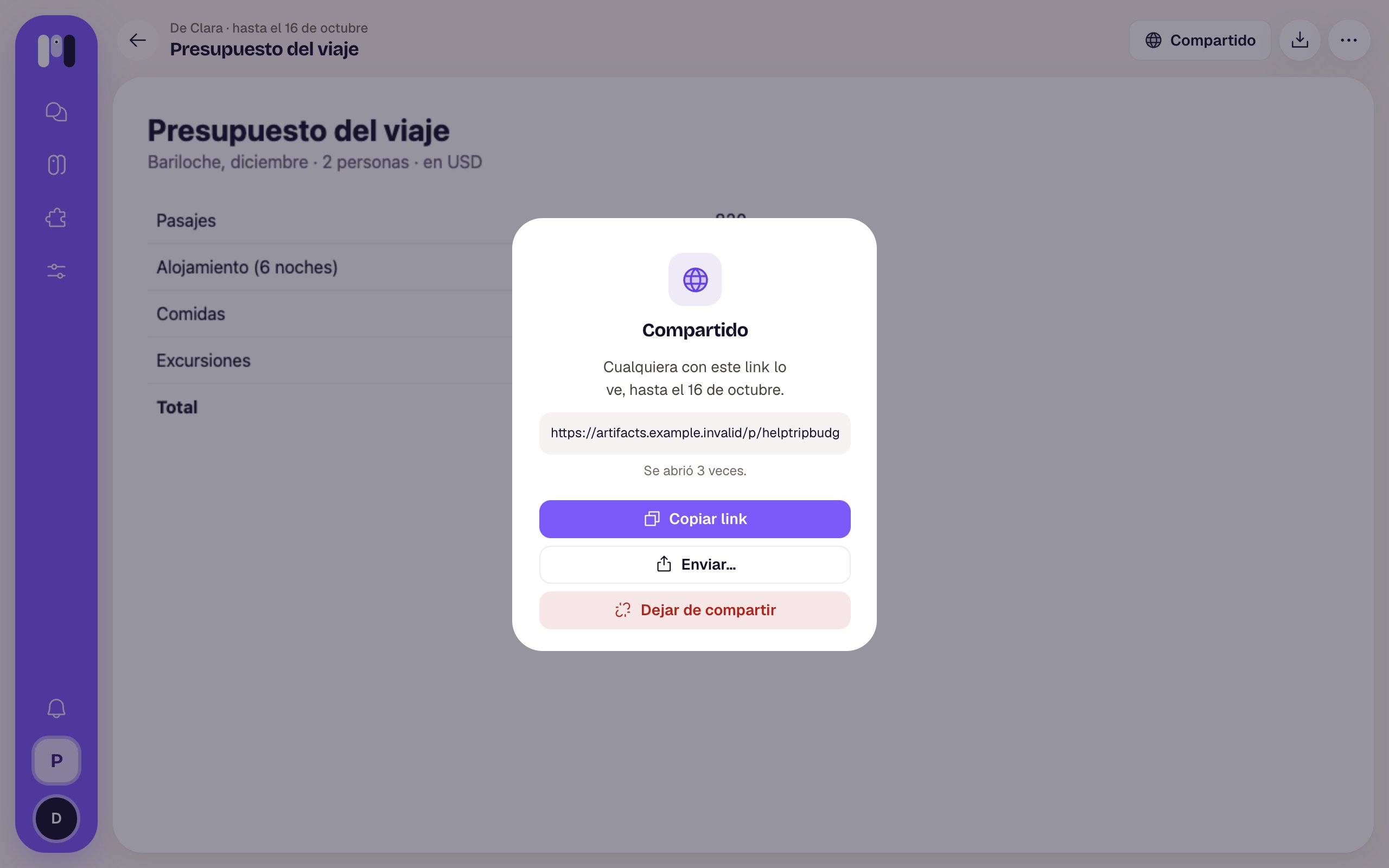 Hoja Compartido con el link público, Se abrió 3 veces, Copiar link, Enviar y Dejar de compartir