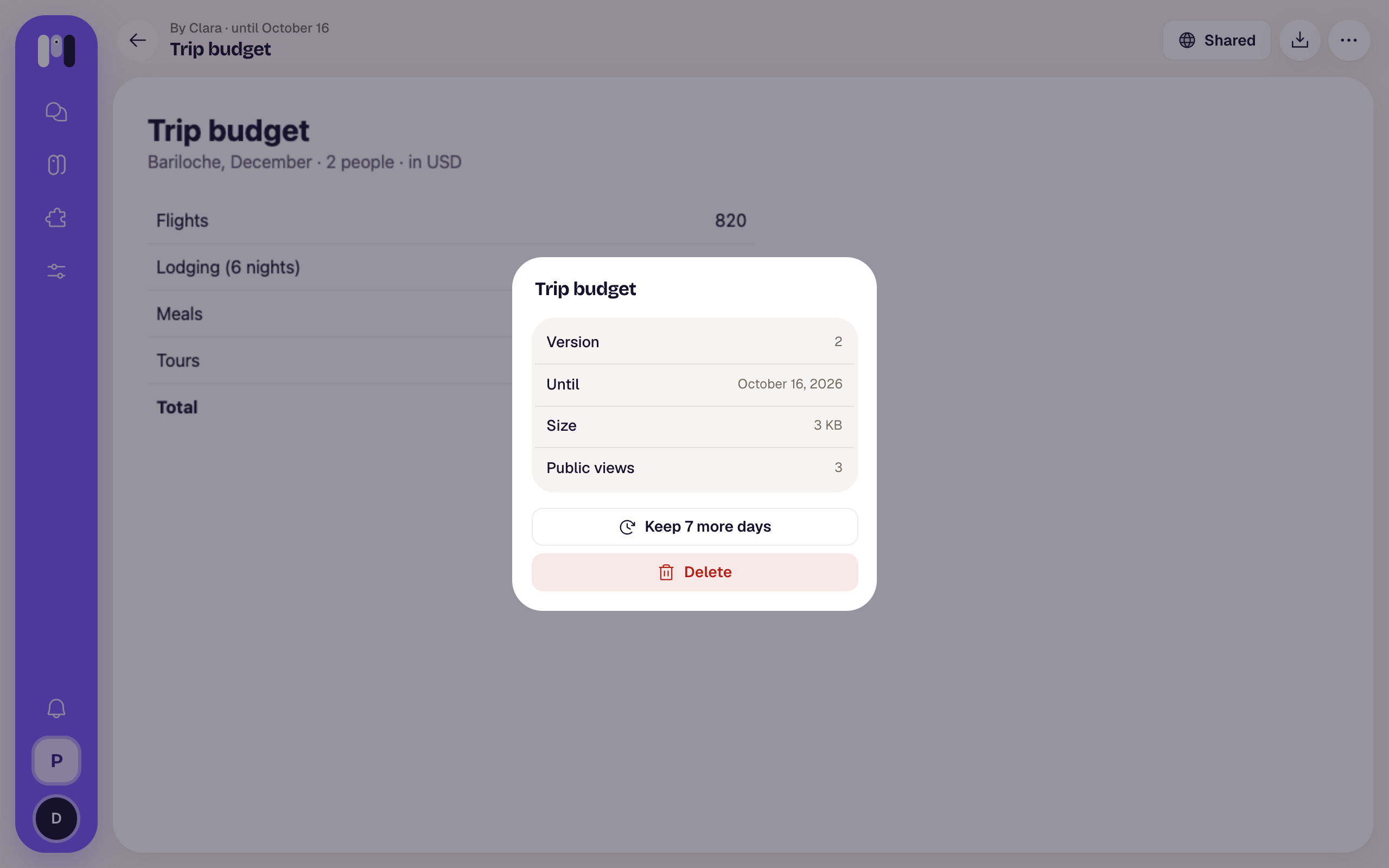 More options sheet with Version, Until, Size, Public views, Keep 7 more days and Delete