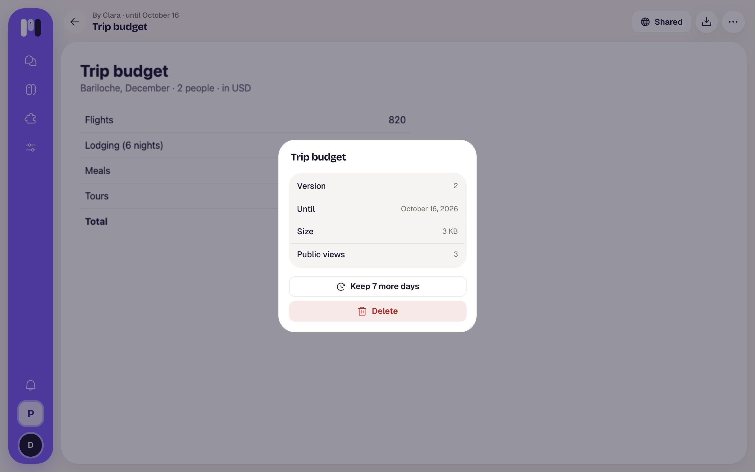 More options sheet with Version, Until, Size, Public views, Keep 7 more days and Delete