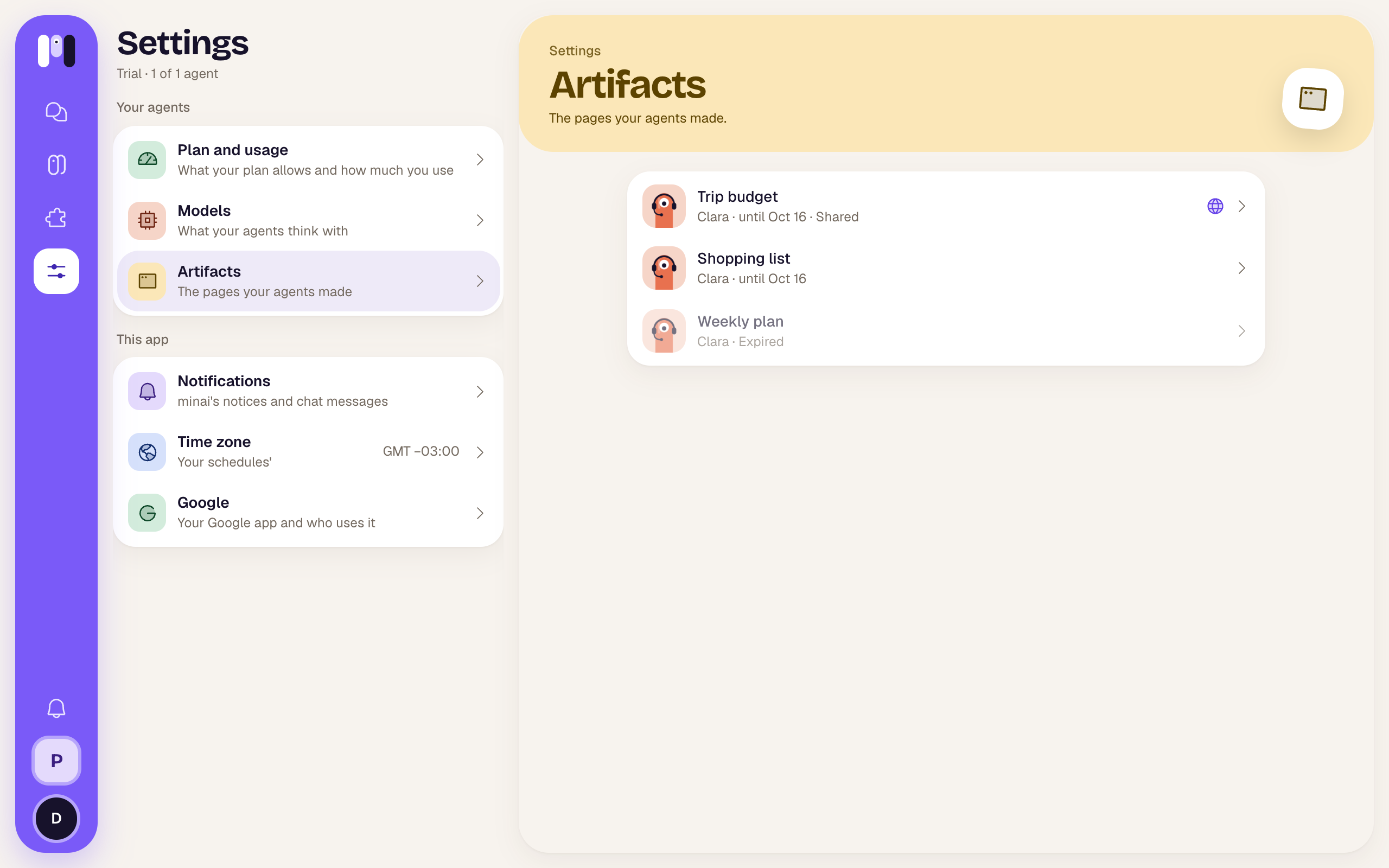 Settings Artifacts with pages by Clara, one shared and one expired