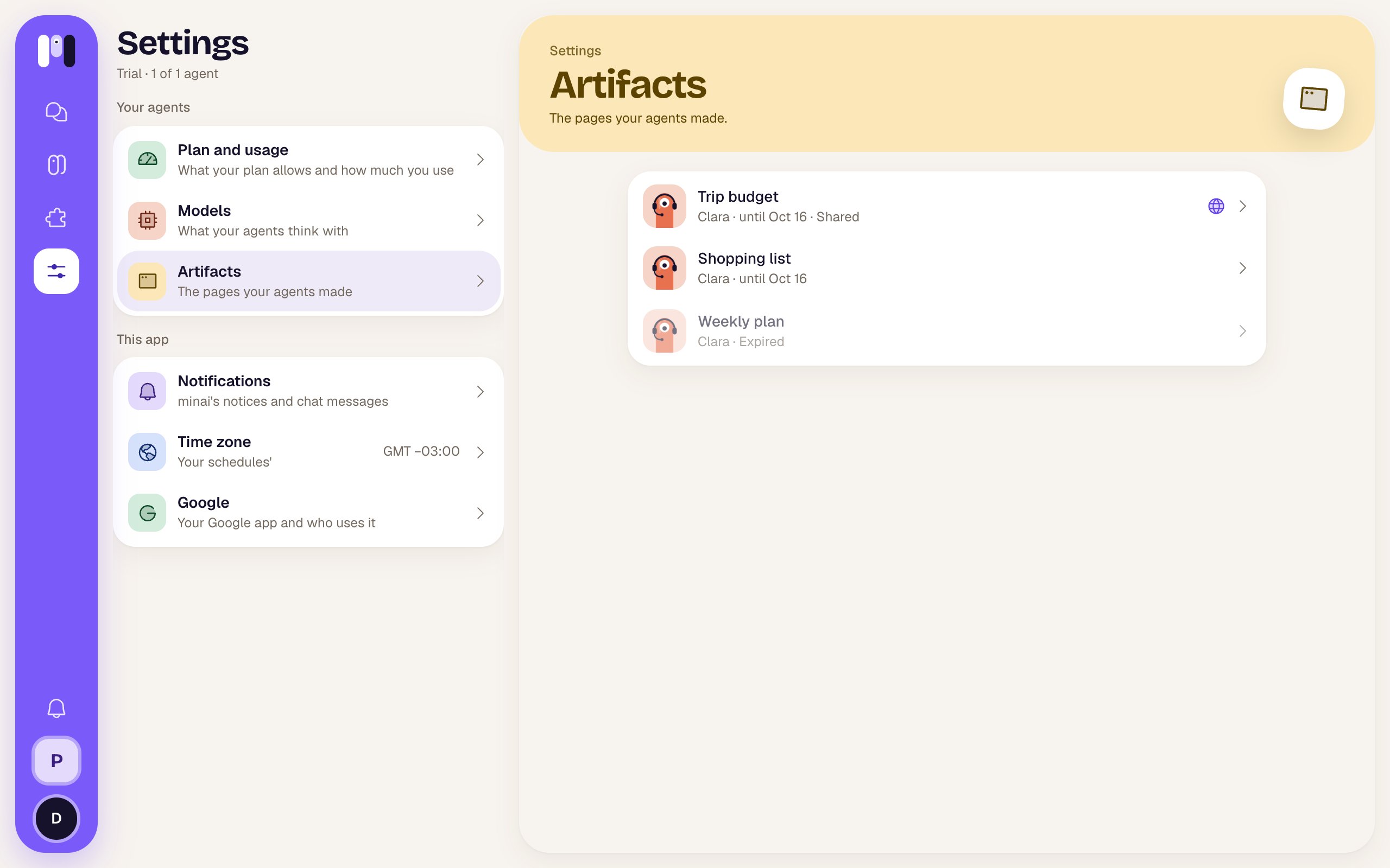 Settings Artifacts with pages by Clara, one shared and one expired
