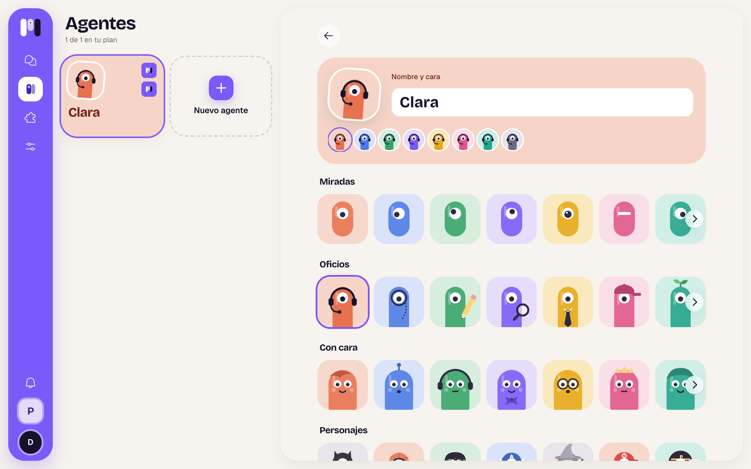 Formulario Nombre y cara con el nombre Clara, los colores y las tres filas de minis
