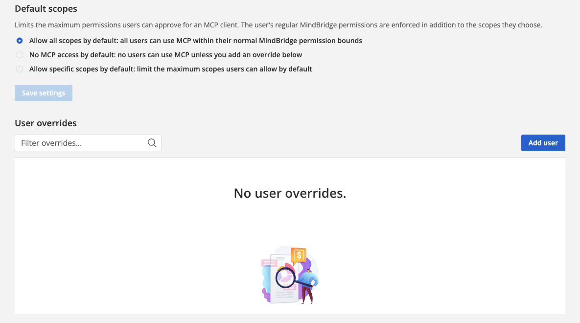 Default scopes options and user overrides on Admin → MCP