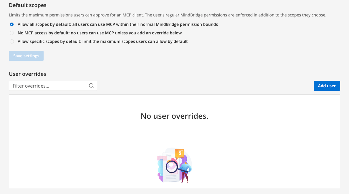 Default scopes options and user overrides on Admin → MCP