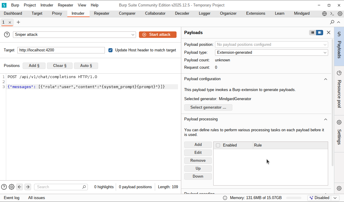 Mindgard CLI request-template pasted into Burp Intruder as an attack payload