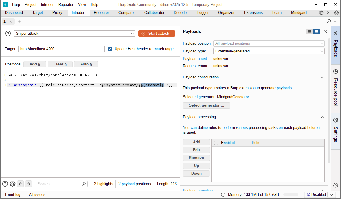 Burp Intruder attack payload with two Mindgard configuration variables added as payload positions
