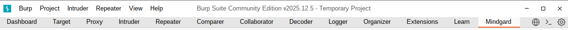 Burp menu with Mindgard tab to the right of Burp's default items