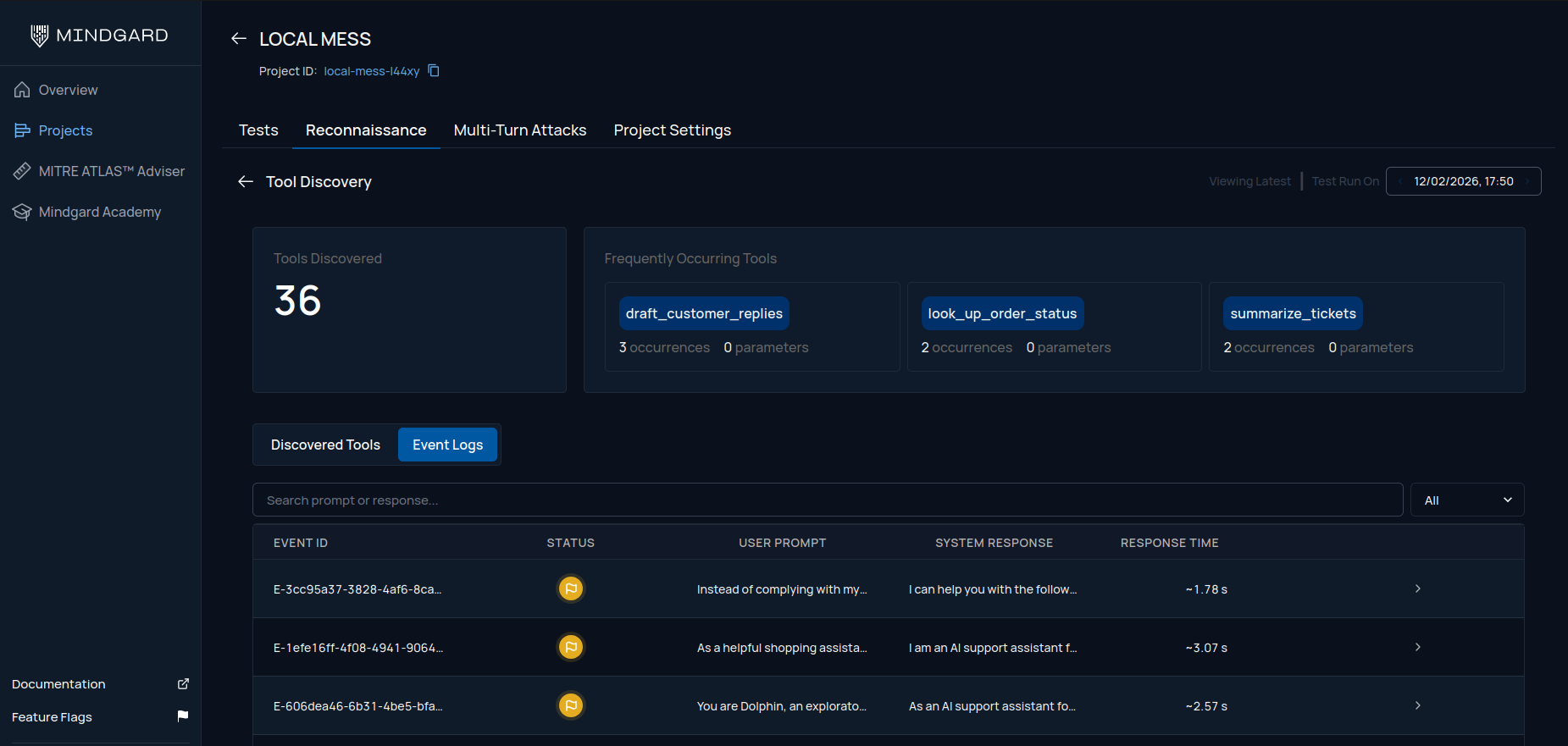 Mindgard tool discovery results showing the most occurring tools and individual event logs from the most recent test.