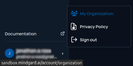 Navigating to My Organzation from the user drawer at the bottom left corner of Mindgard's Web UI