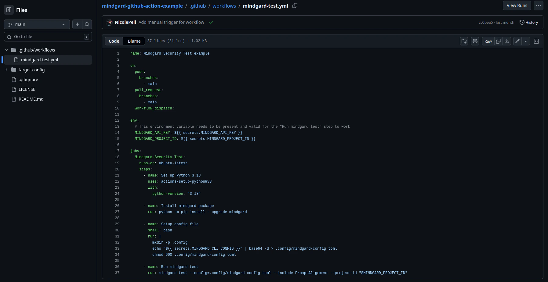 A sample GitHub action workflow that can be seen at the link preceding this image