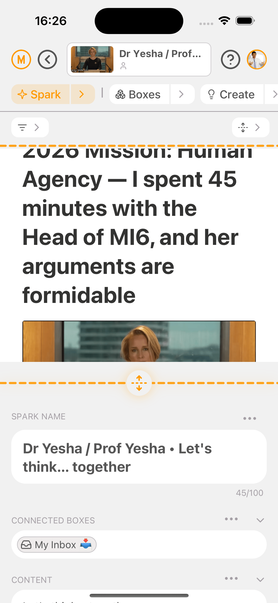 MindLi mobile Split View showing a Spark next to attached content