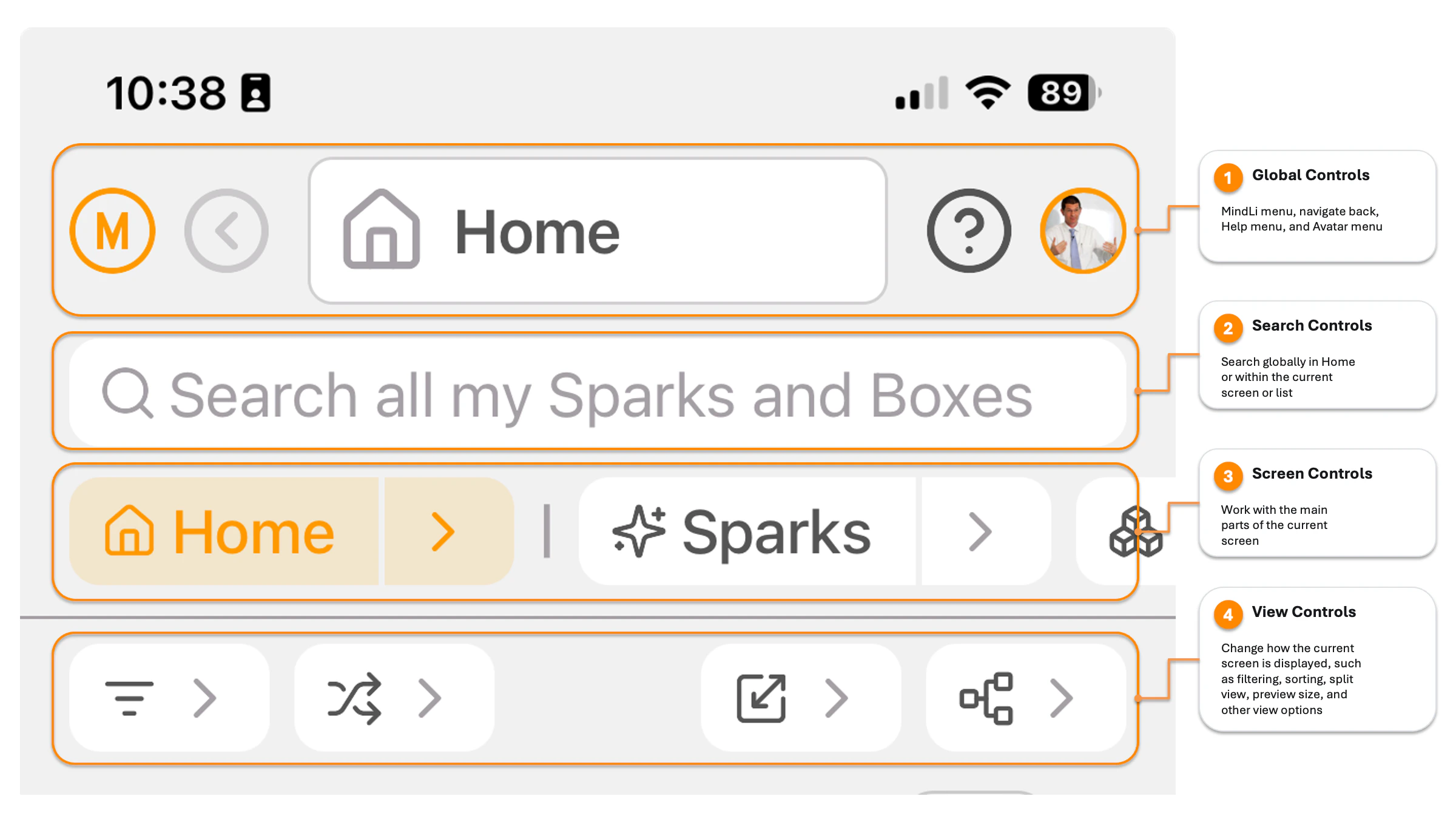 MindLi mobile screen showing Global Controls, Search Controls, Screen Controls, and View Controls