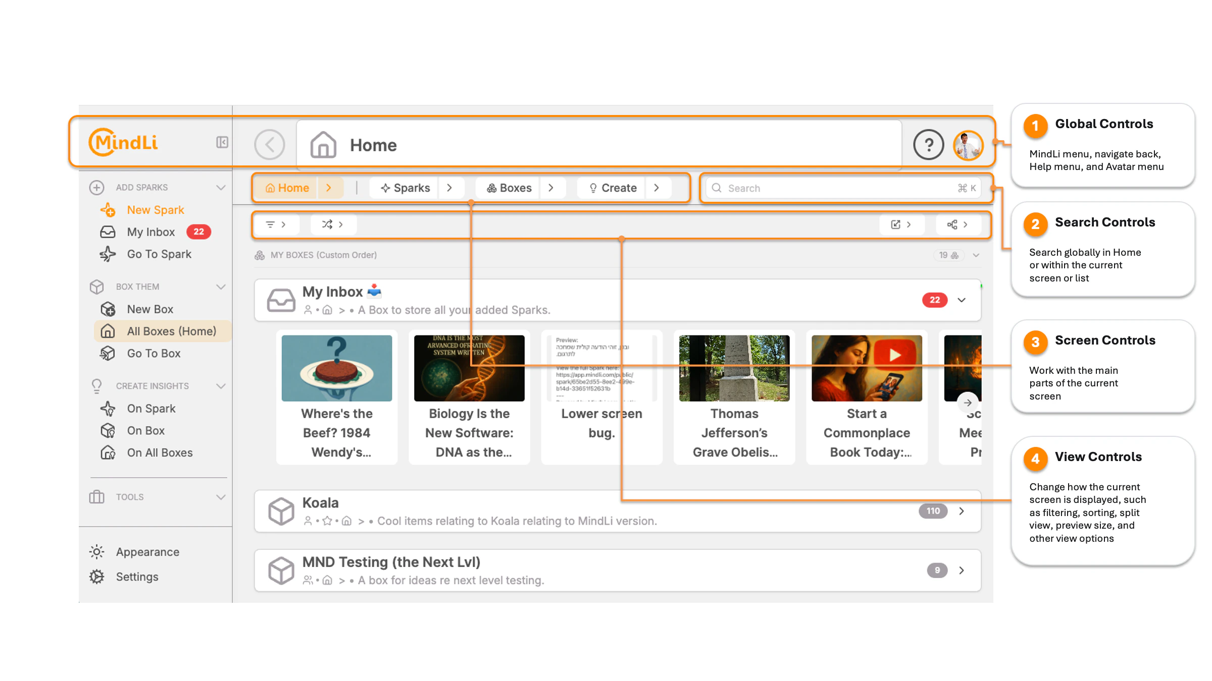 MindLi web screen showing Global Controls, Search Controls, Screen Controls, and View Controls