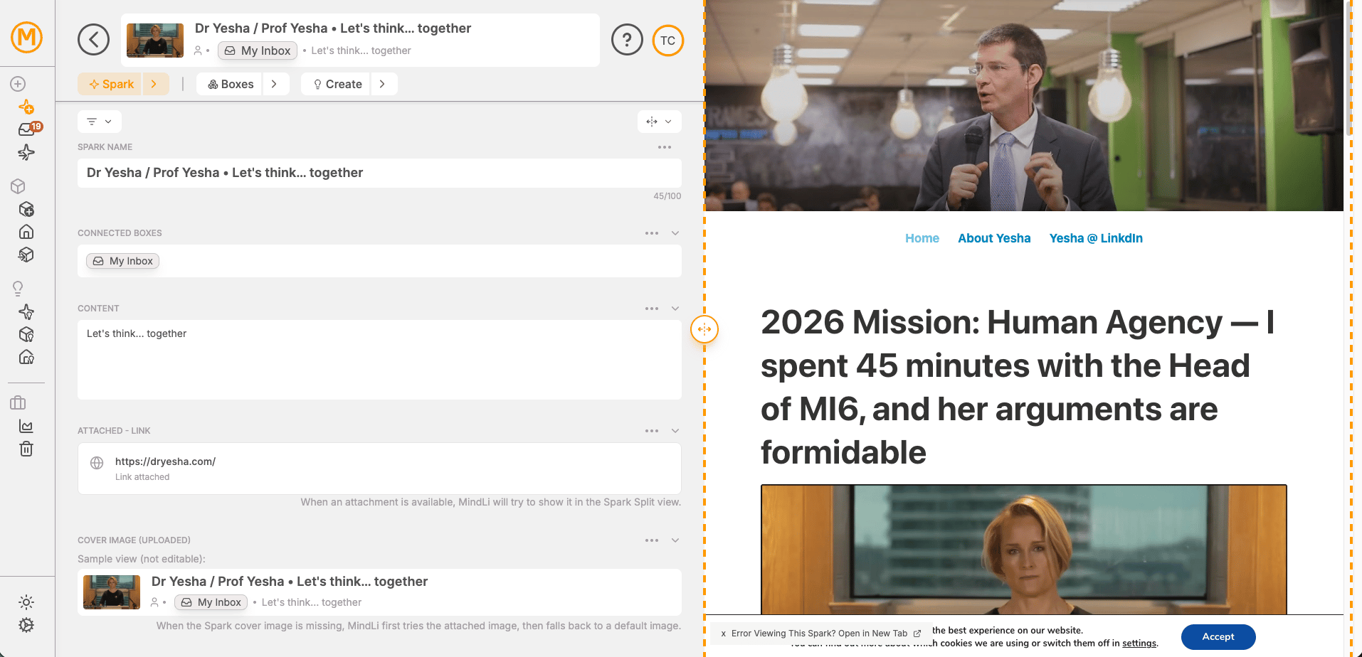 MindLi web Split View showing a Spark next to an attached webpage