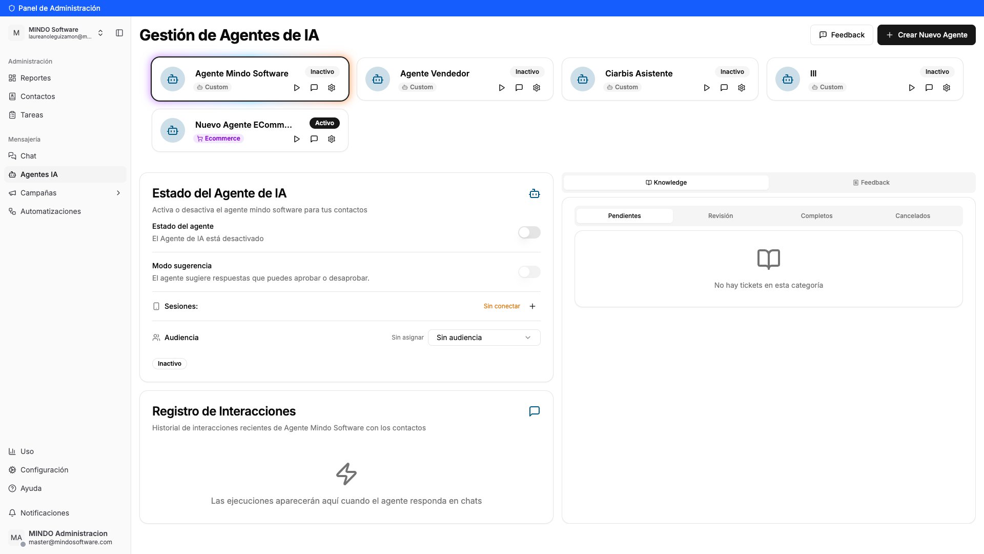 AI Agents management screen showing the agent cards and their statuses