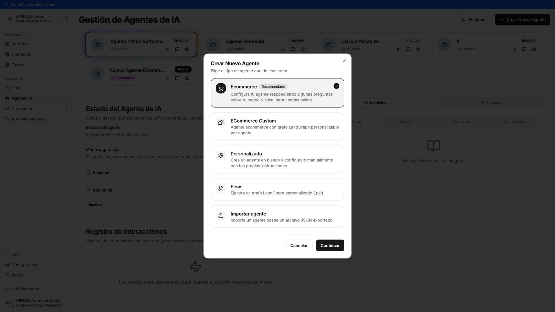 Create New Agent modal with the Ecommerce, ECommerce Custom, Custom, Flow and Import agent options