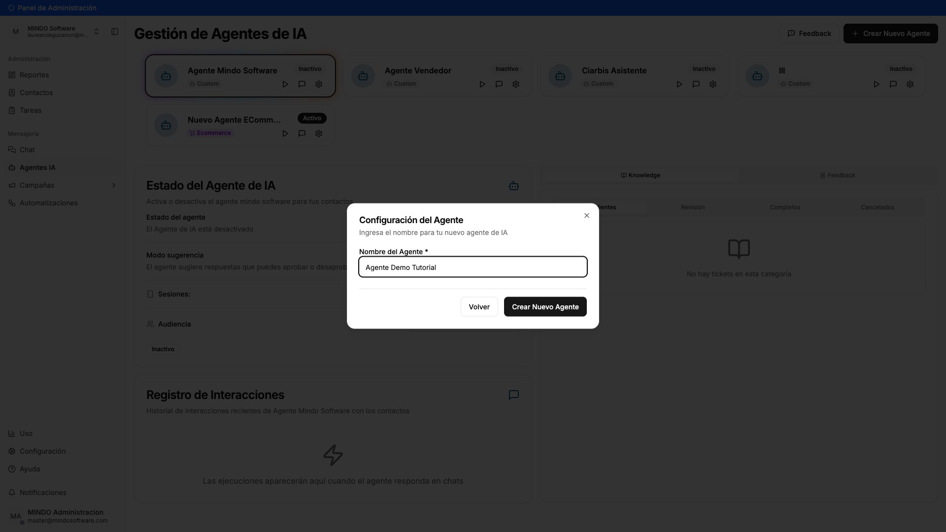 Agent Settings modal with the Agent Name field filled in