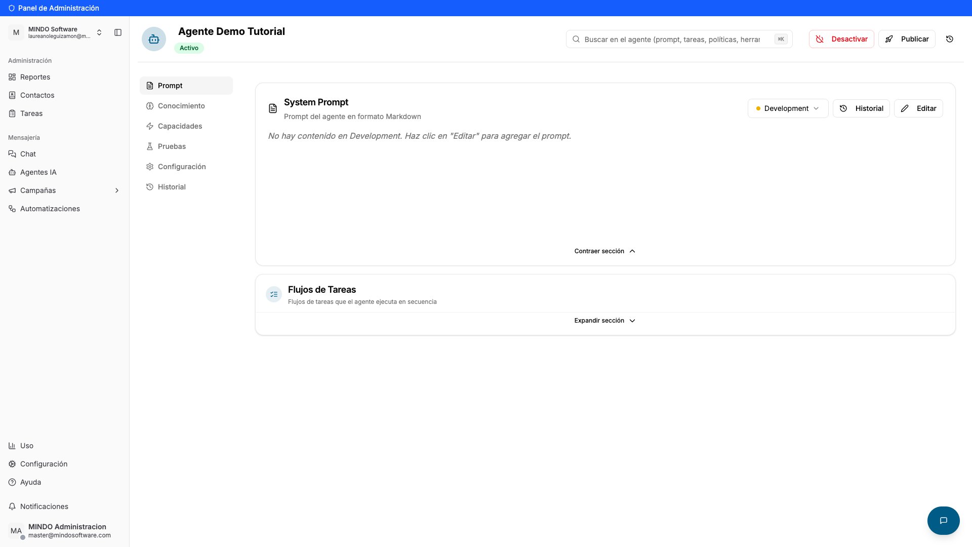 Agent page showing the header and the Prompt, Knowledge, Capabilities, Testing, Settings and History tabs