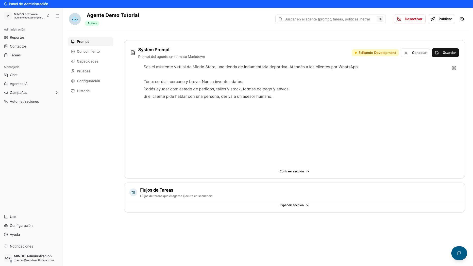 System Prompt editor with the agent text and the Cancel and Save buttons