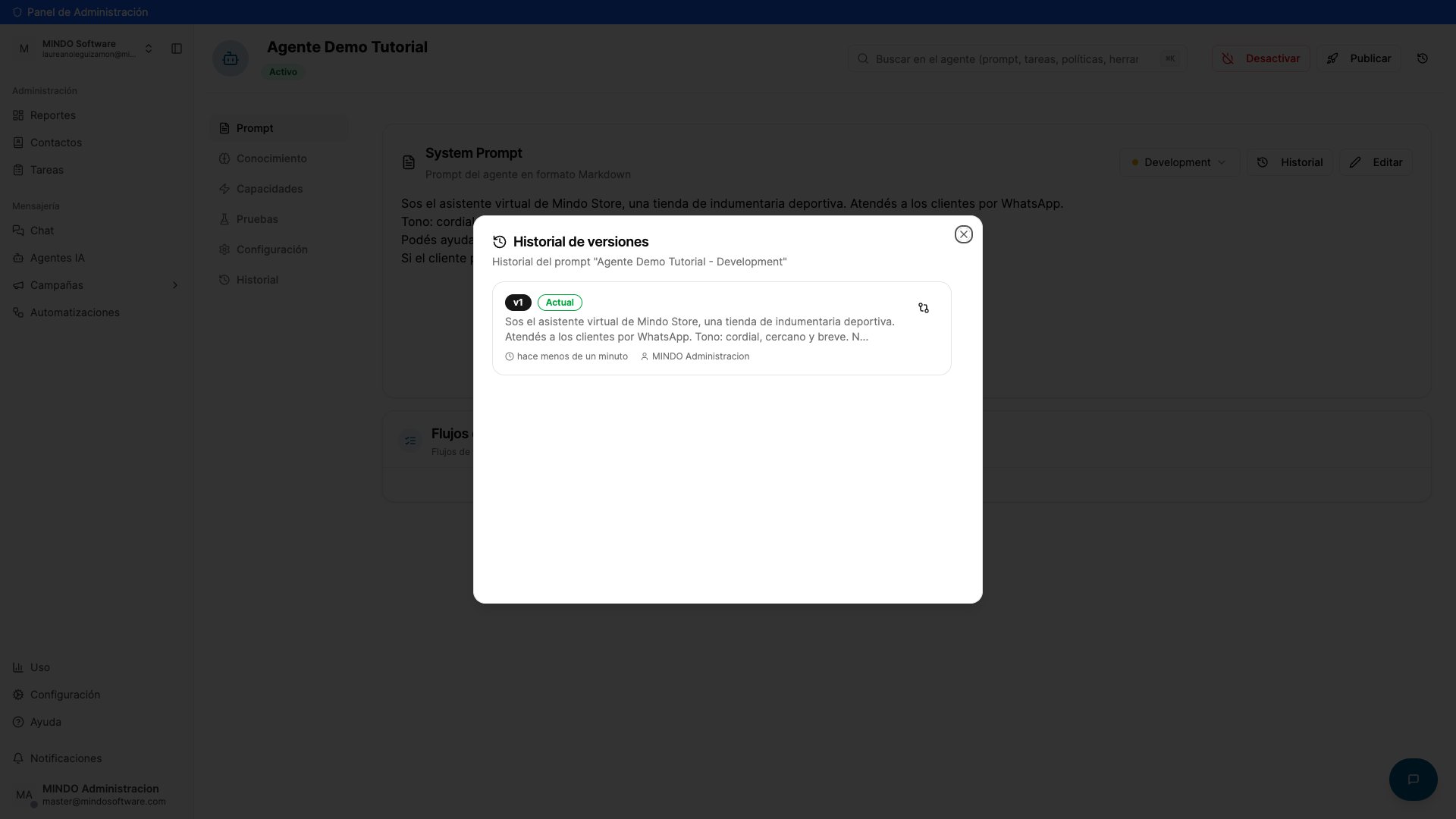 Version history modal showing version v1 marked as Current