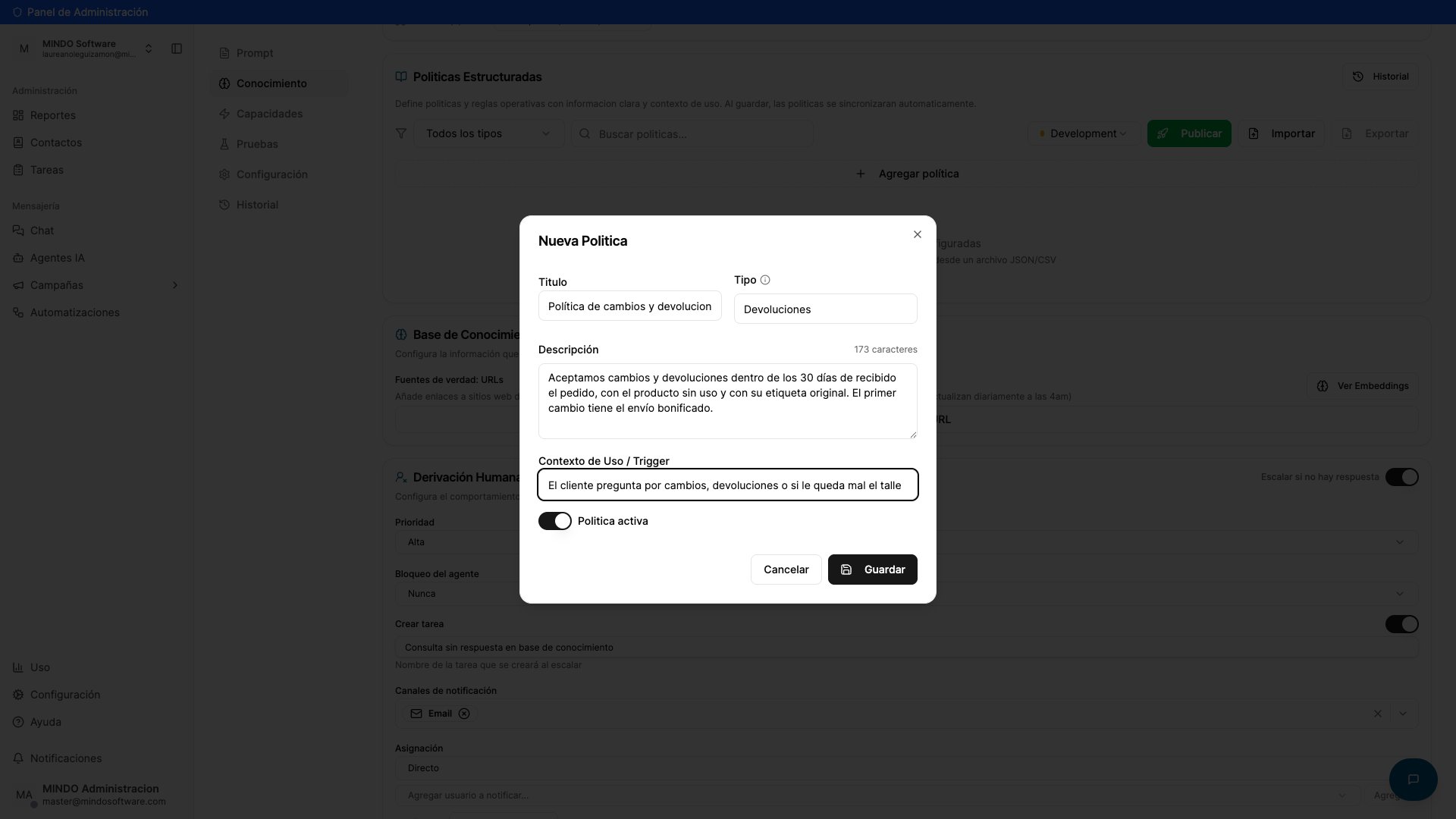 New Policy modal with the Title, Type, Description and Usage Context fields filled in