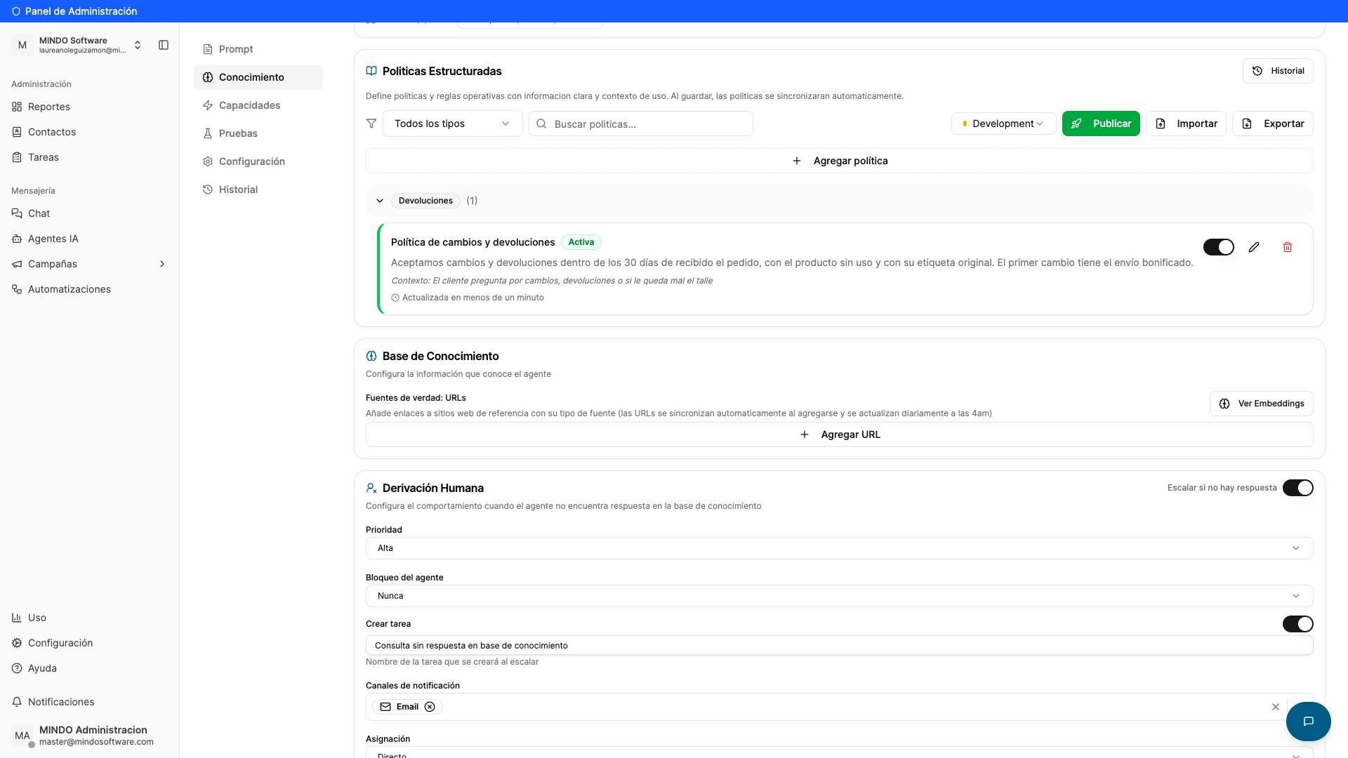 Policy list showing the returns and exchanges policy marked as active