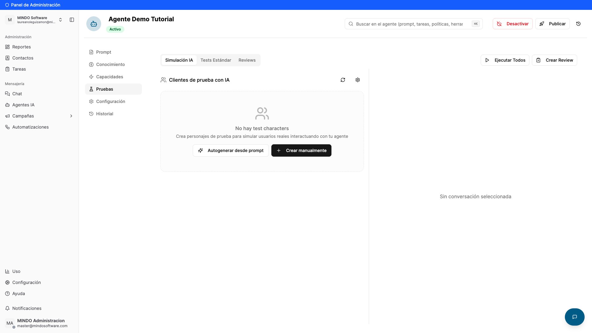 Testing tab showing AI Simulation with the Auto-generate from prompt and Create manually options