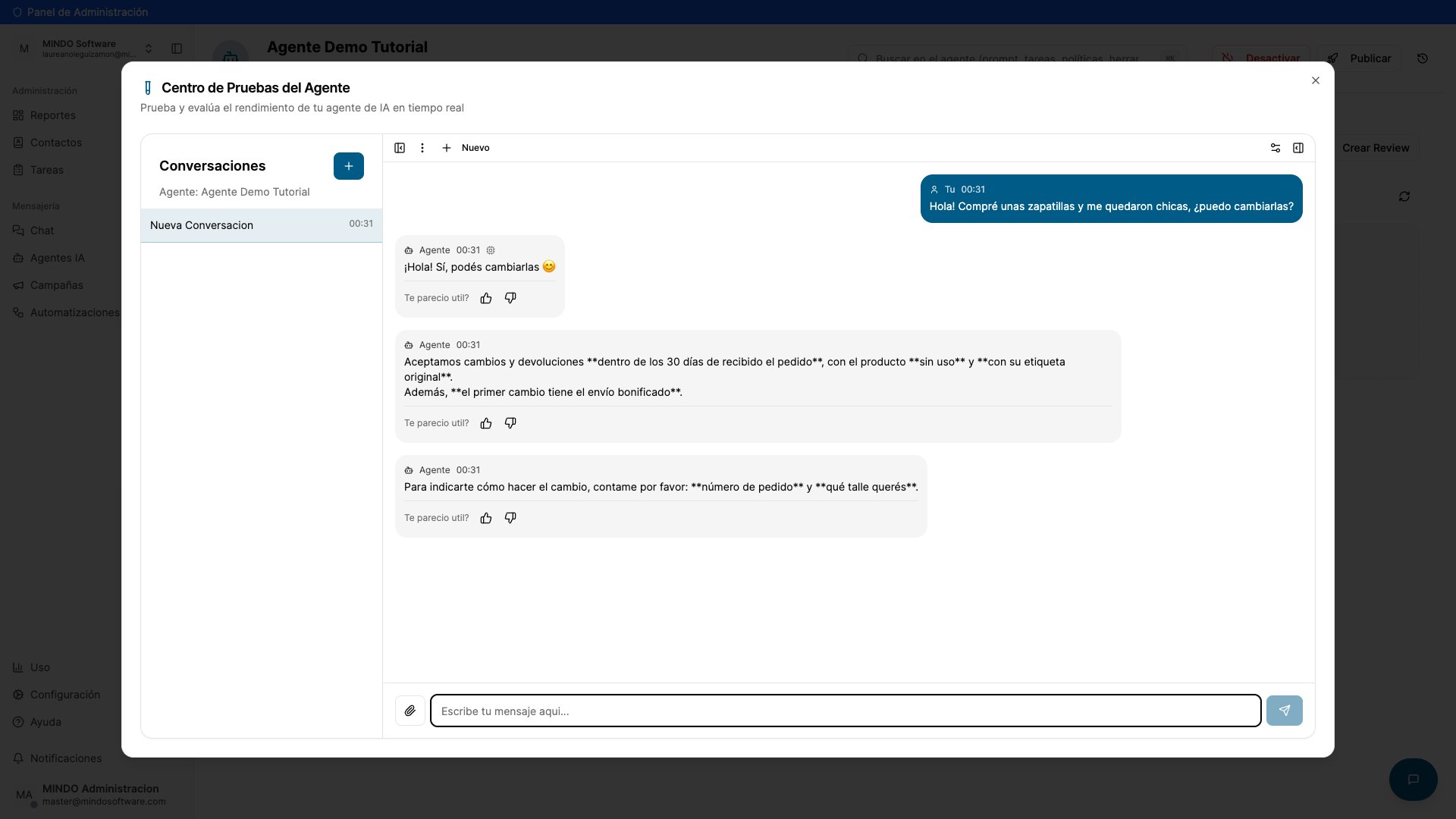 Agent Testing Center with a conversation where the agent answers about returns and exchanges