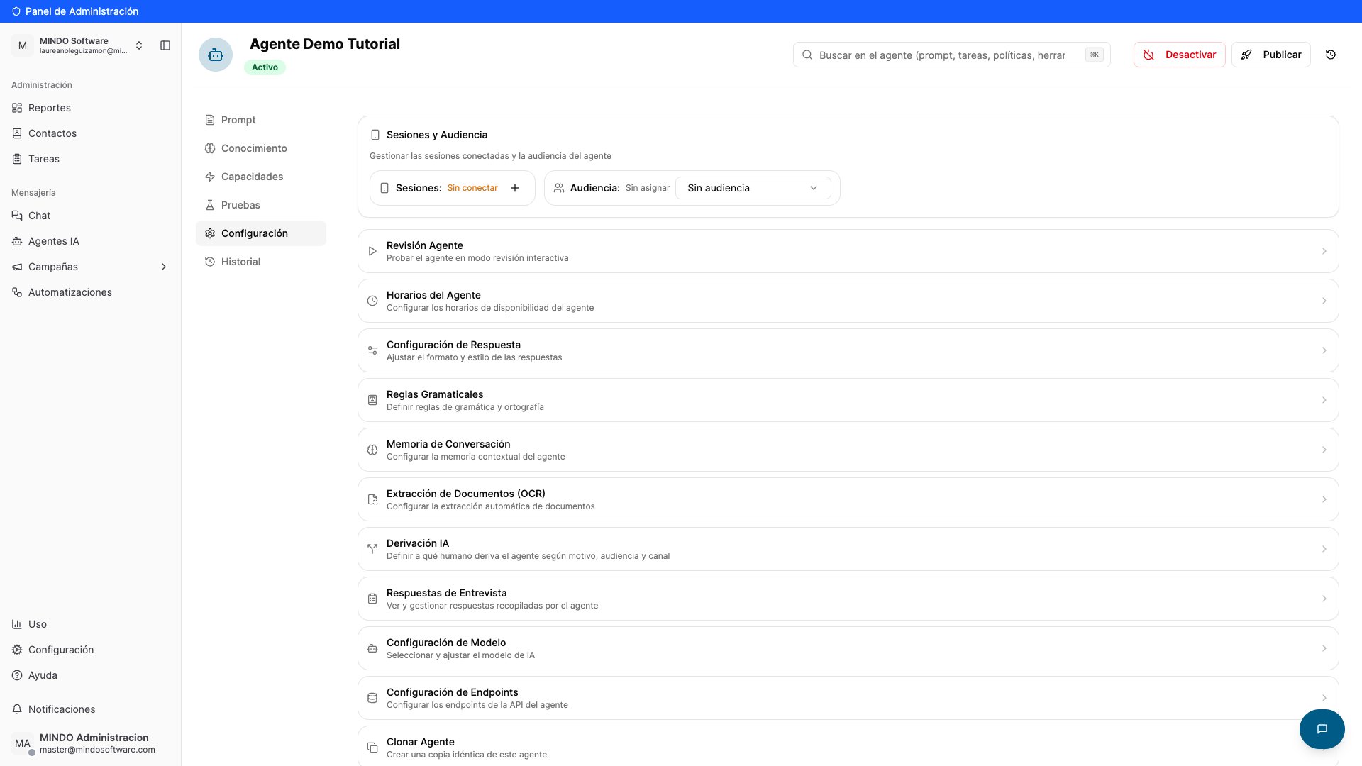 Settings tab showing Sessions and Audience plus the agent configuration cards