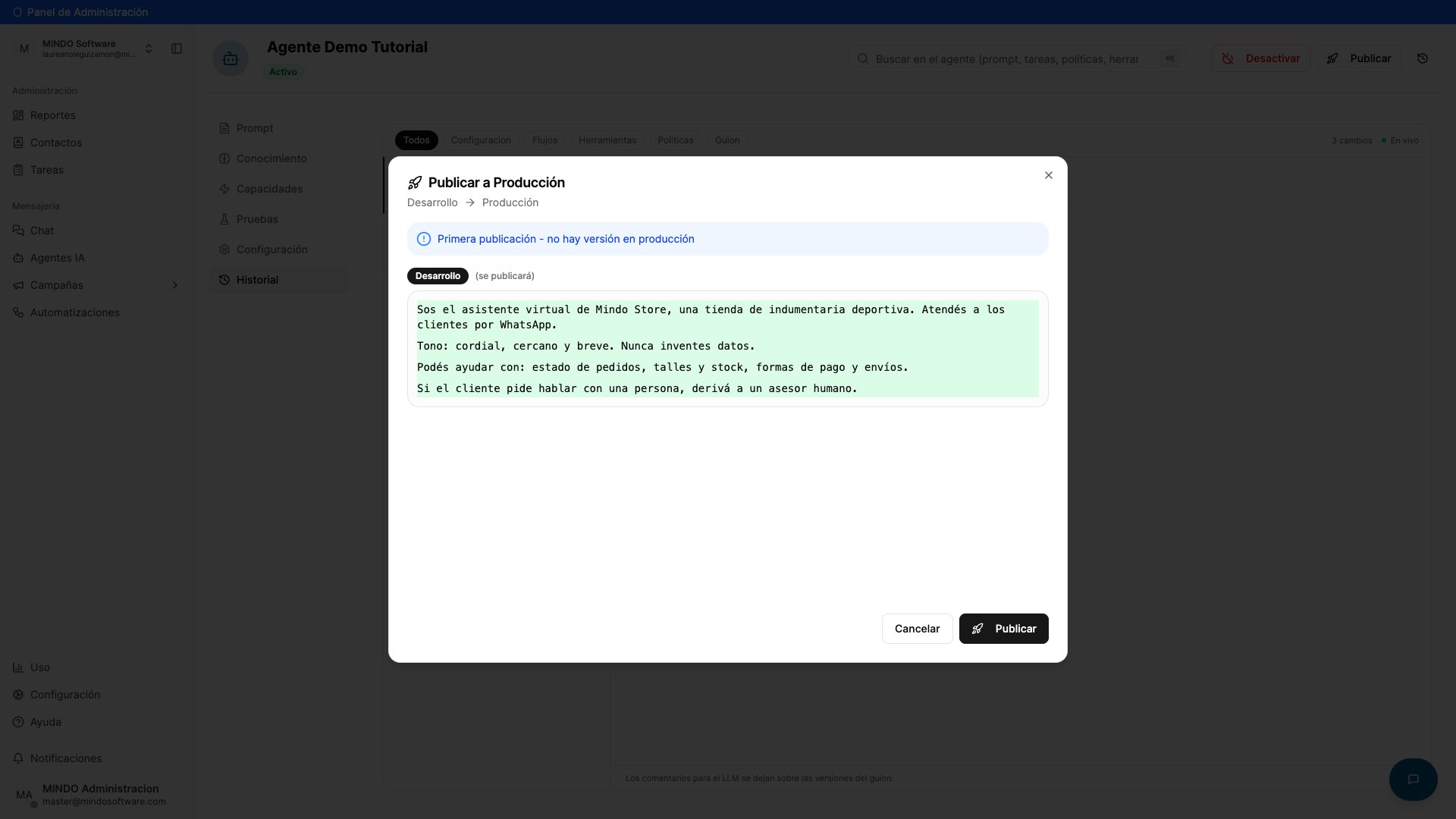Publish to Production modal showing the Development content about to be published