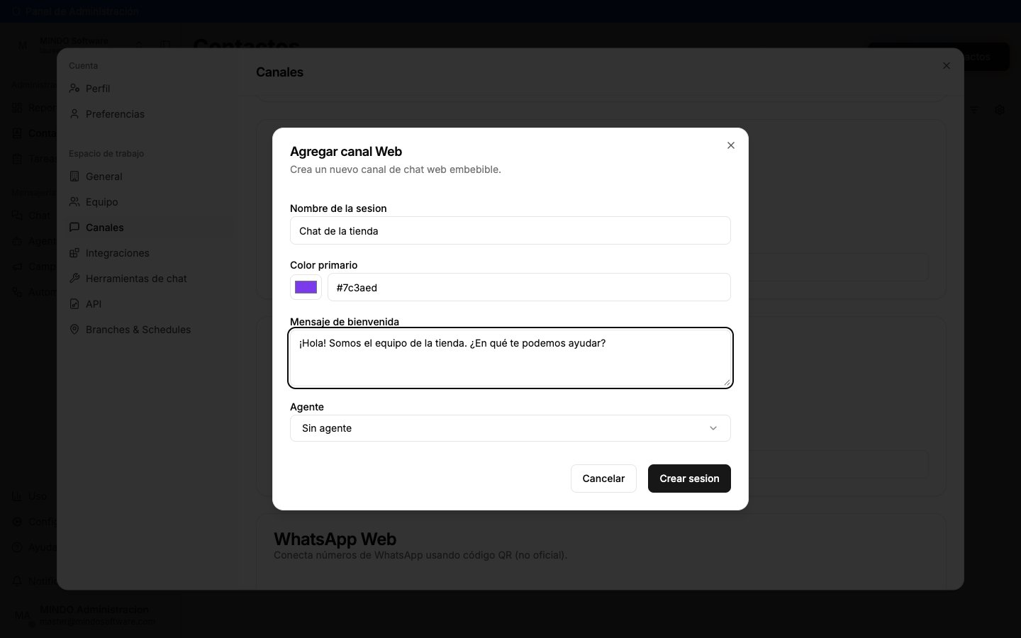 Form to create a Web channel