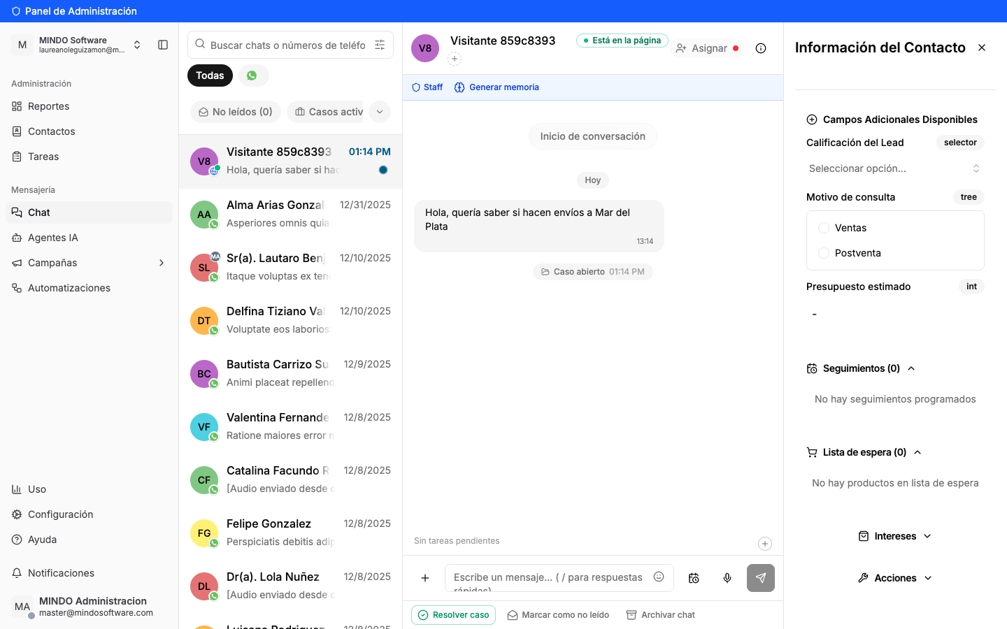 Web chat in the MINDO Inbox with presence indicator