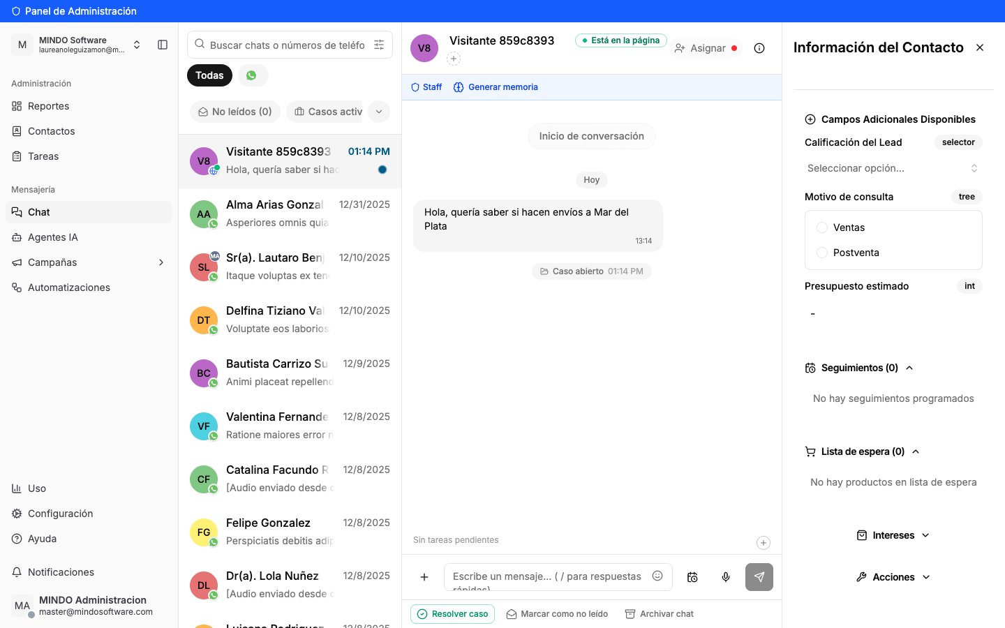 Web chat in the MINDO Inbox with presence indicator
