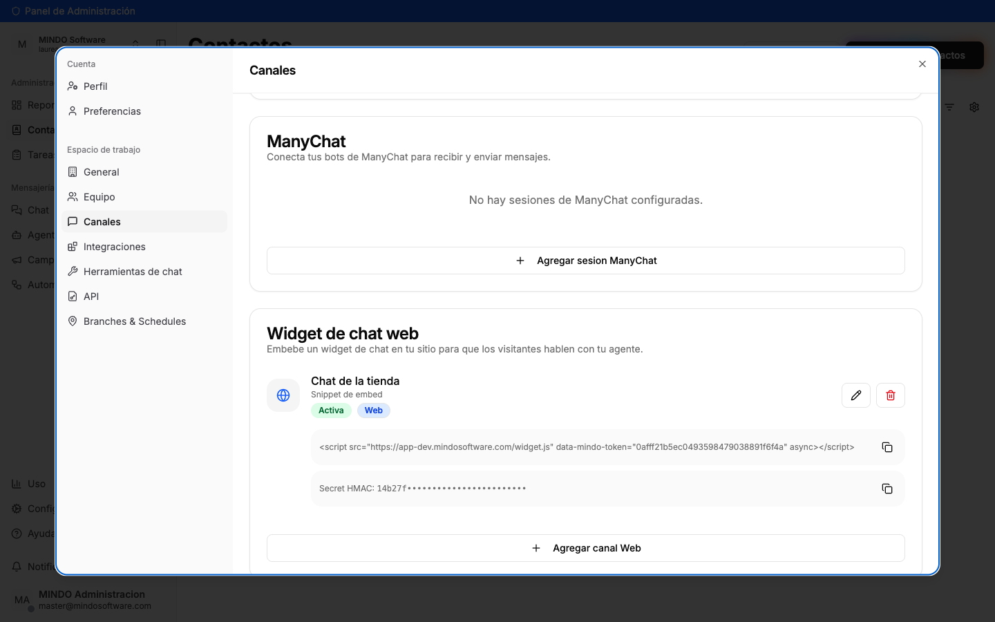 Embed snippet and HMAC Secret of the channel