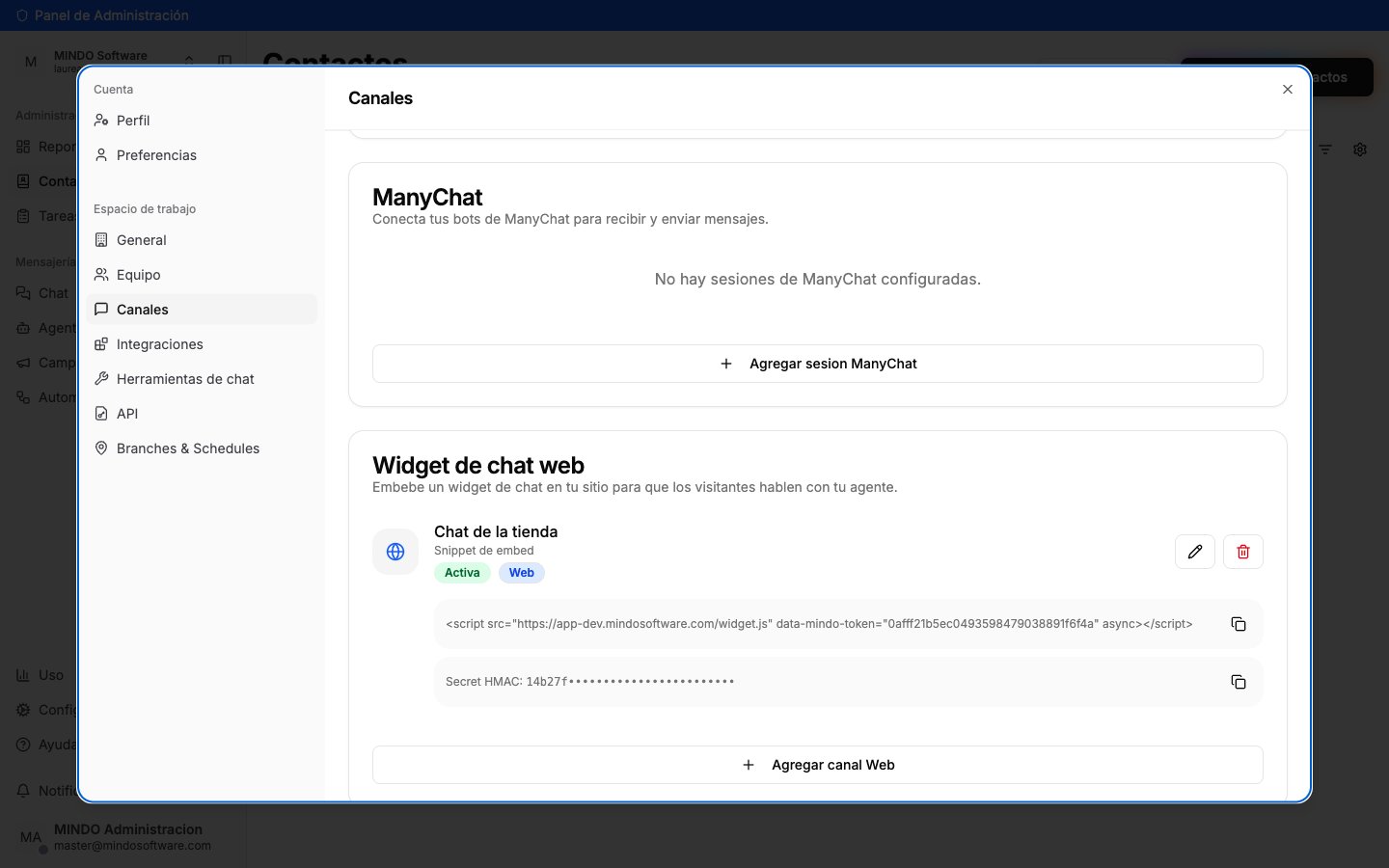 Embed snippet and HMAC Secret of the channel