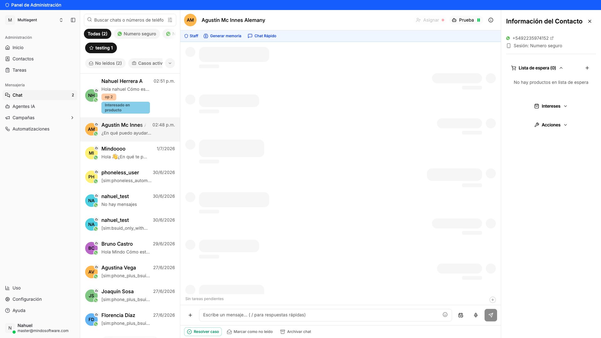 Conversa aberta com um contato no Chat
