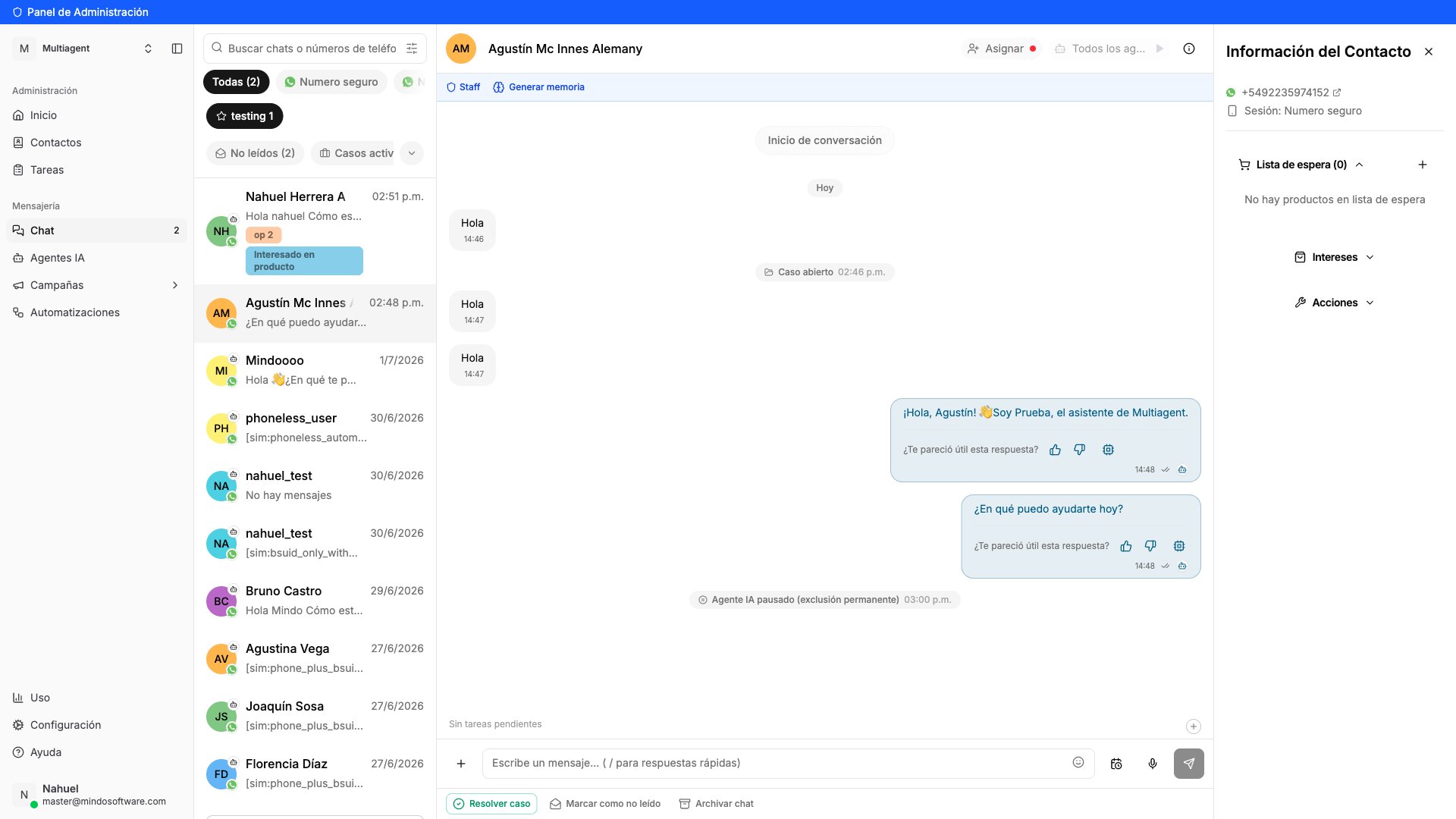 Chat mostrando a mensagem de confirmação: Agente IA pausado (exclusão permanente)