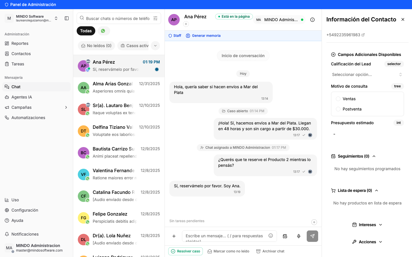 Widget chat with the identified contact in the Inbox