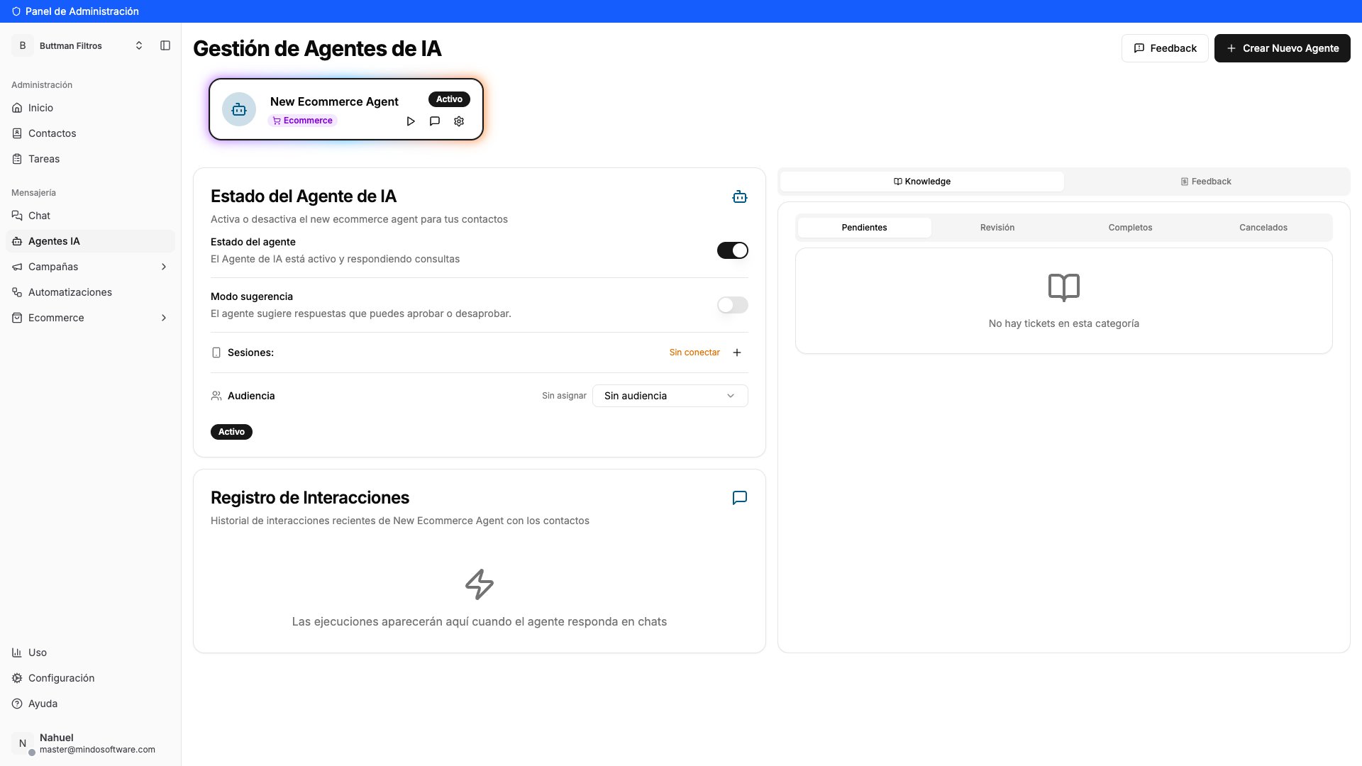 Pantalla de Agentes IA mostrando el agente con el ícono de engranaje para abrir la configuración