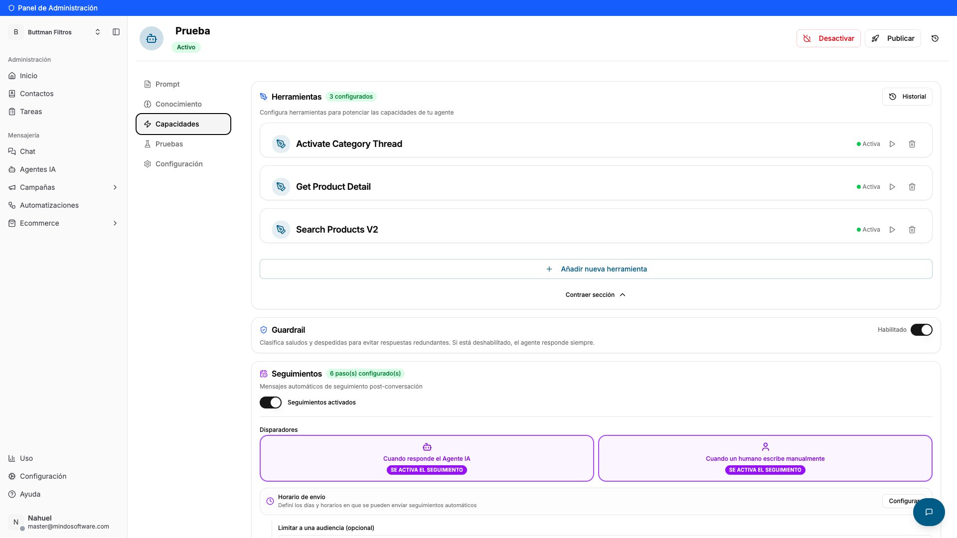 Botón Publicar en la parte superior derecha de la configuración del agente