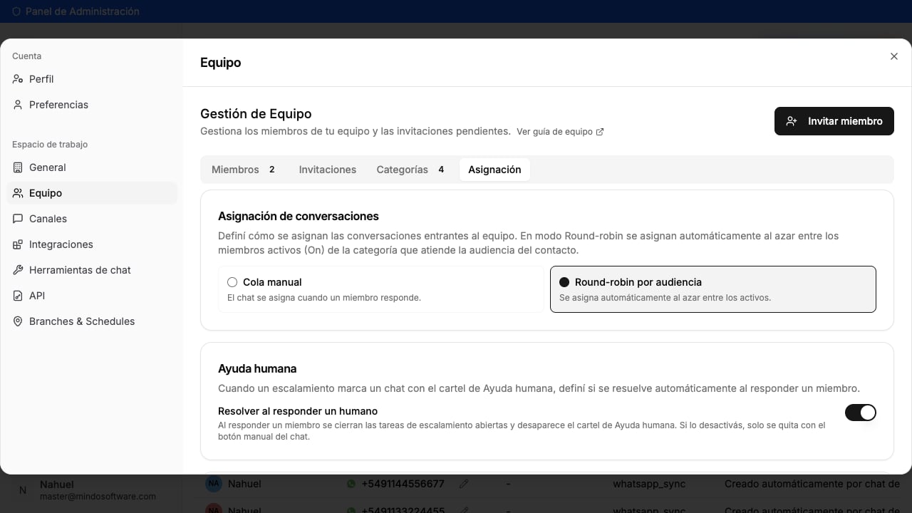 Aba Atribuição na seção Equipe