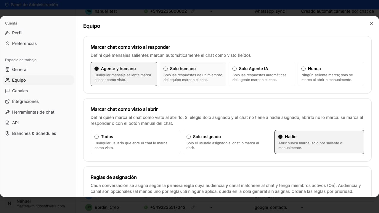 Blocos para marcar a conversa como vista ao responder e ao abrir