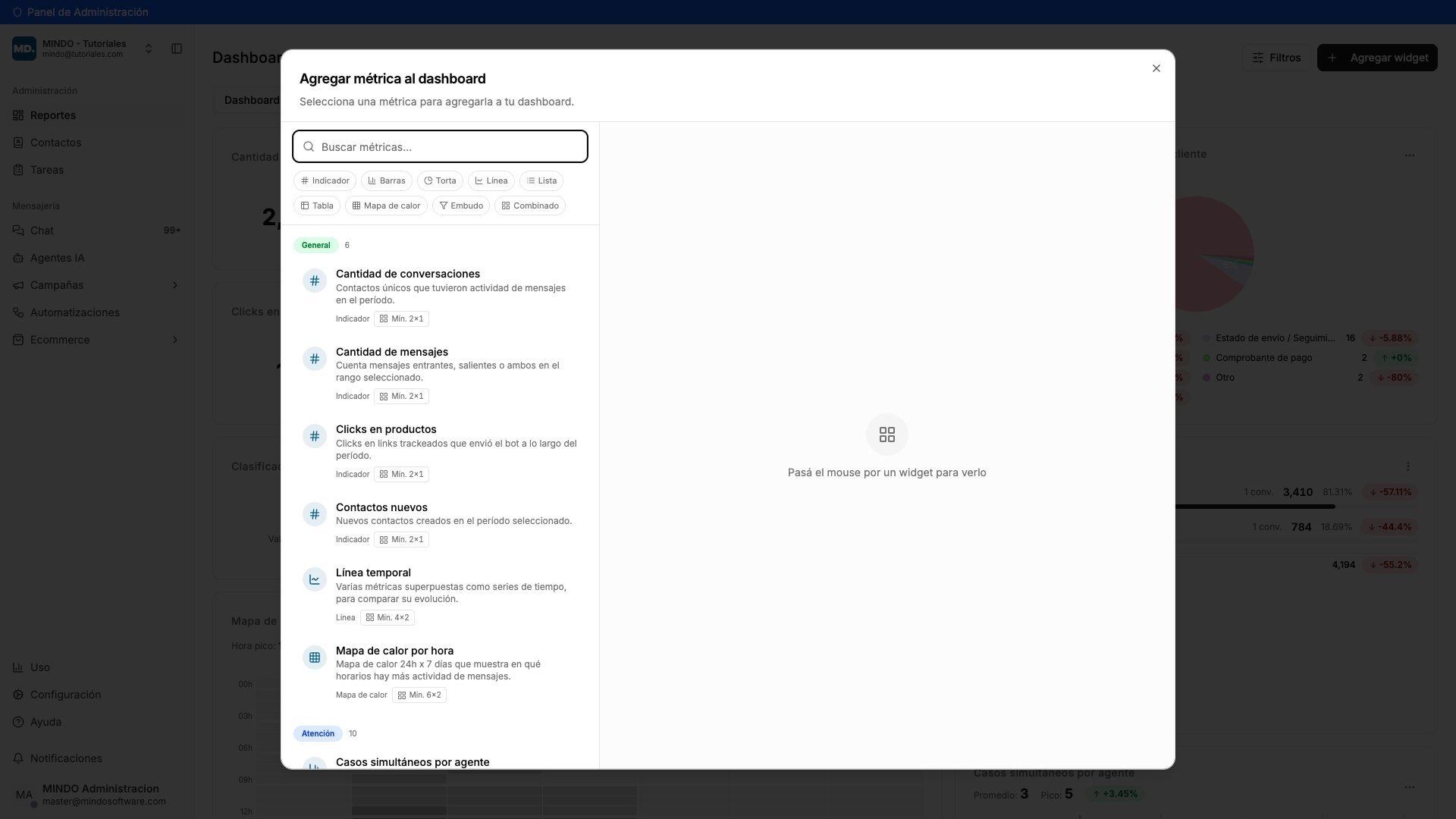 Modal Agregar métrica al dashboard con el buscador, los filtros por tipo de gráfico y la lista de métricas