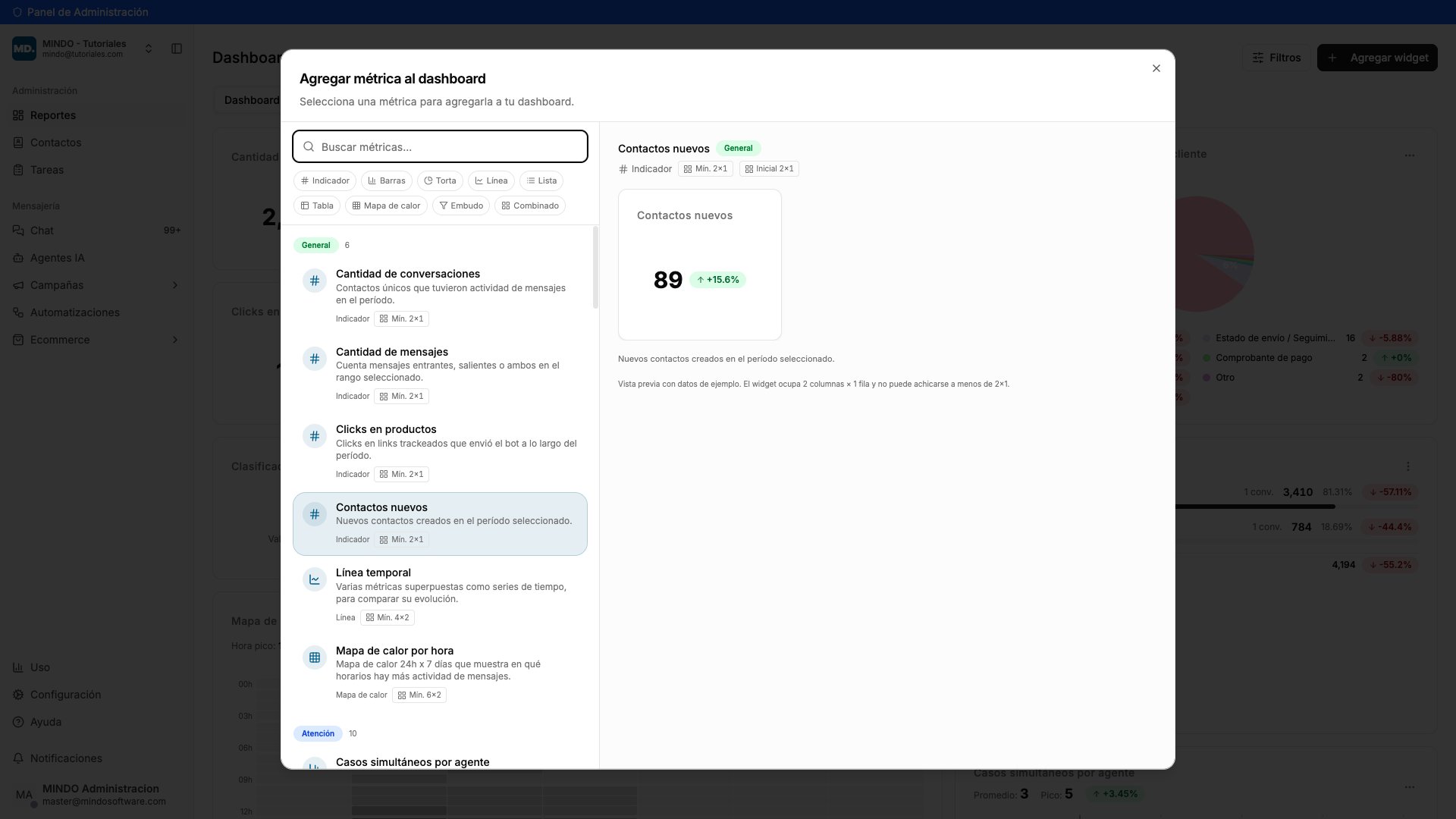 Vista previa del widget Contactos nuevos con el detalle del espacio que ocupa en el tablero