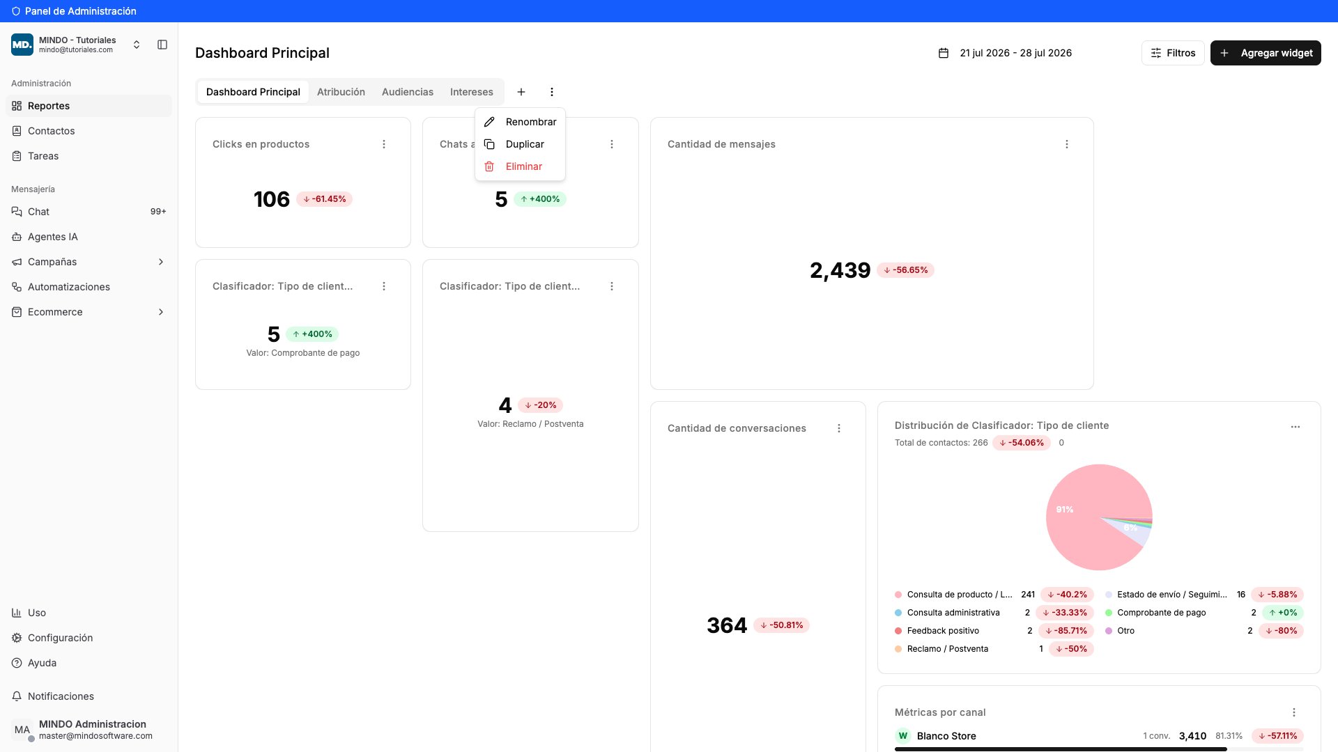 Menú del tablero con las opciones Renombrar, Duplicar y Eliminar