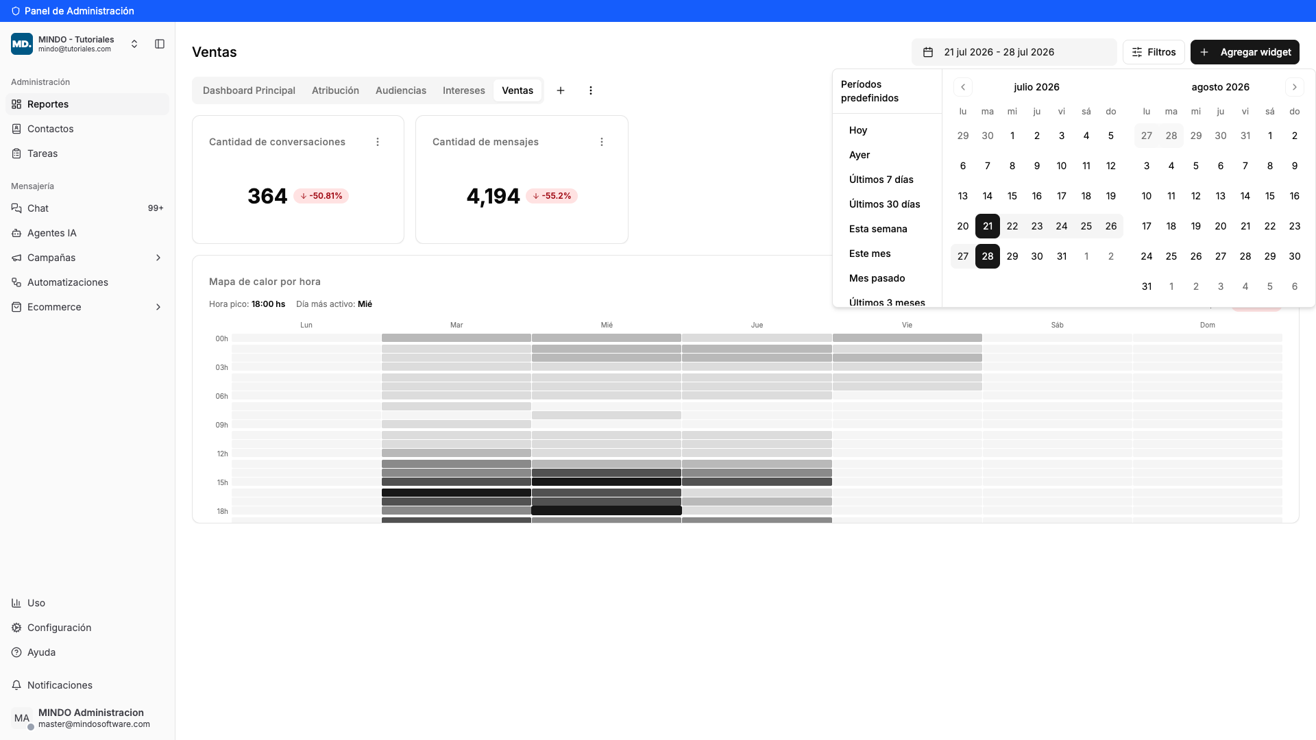 Selector de rango de fechas con el calendario y los períodos predefinidos