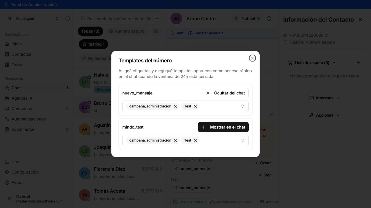 Lista de templates com opções de mostrar/ocultar e etiquetas