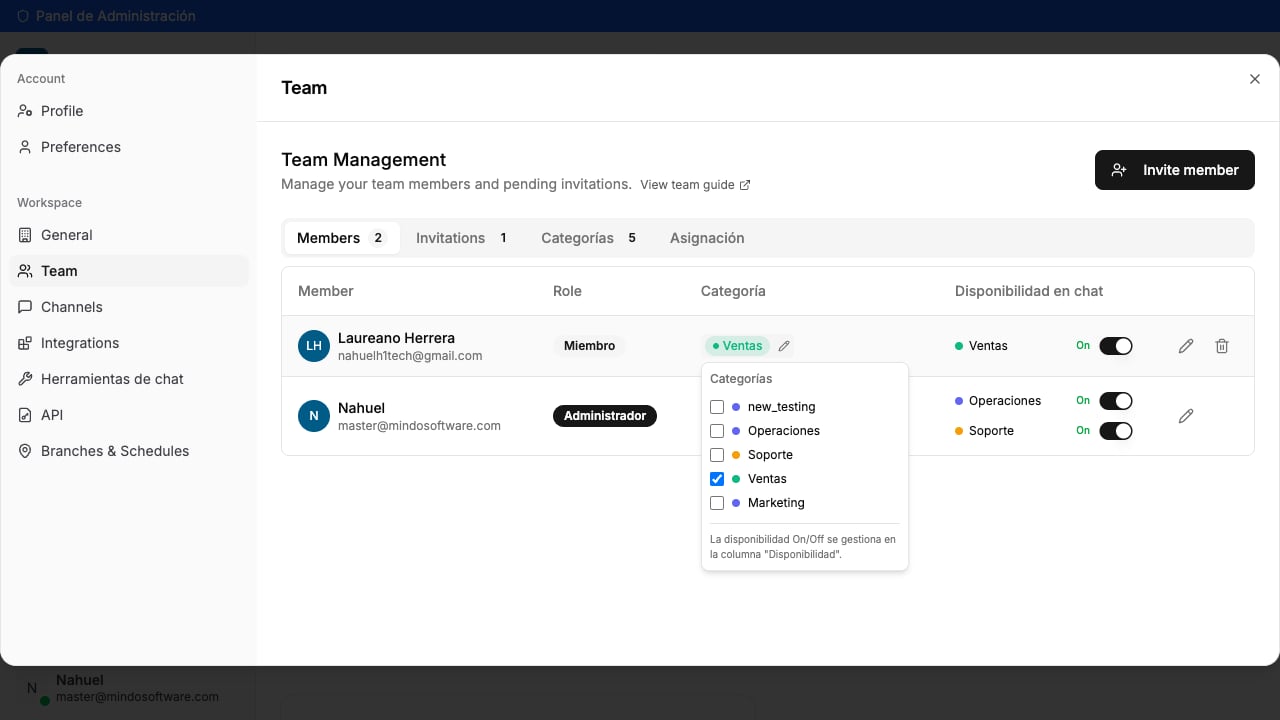 Selector con checkboxes de los grupos new_testing, Operaciones, Soporte, Ventas y Marketing