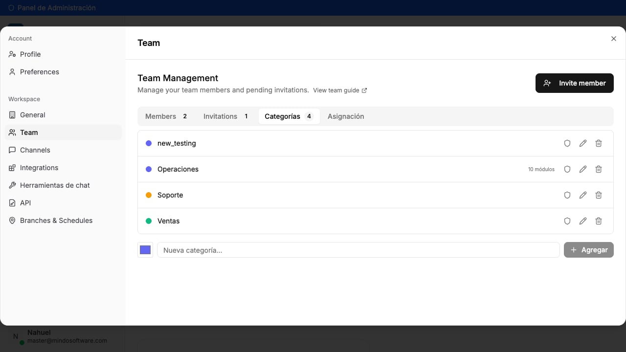 Lista de grupos: new_testing, Operaciones, Soporte, Ventas